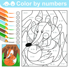 Color by numbers - addition and subtraction worksheet for education. Coloring book. Solve examples and paint the fox. Math exercises worksheet. Developing counting learn. Printable page for kids.