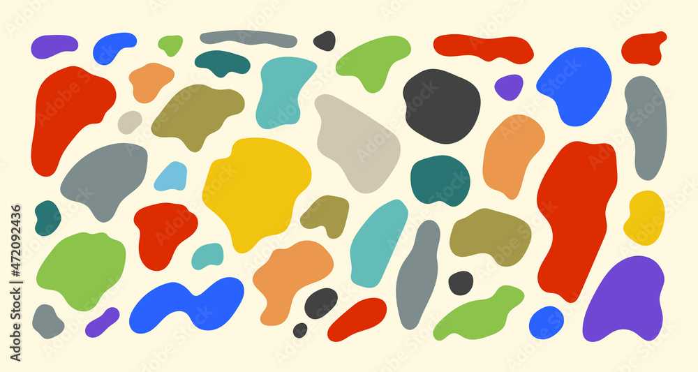 Poster organic shapes. color various blotch, abstract irregular random blobs. pebble stone silhouette, simp