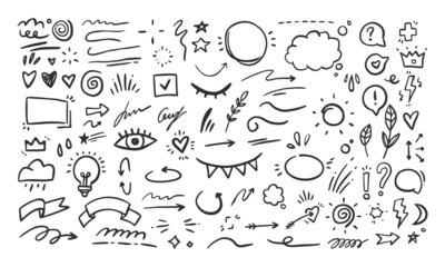 Doodle background. Black hand drawn vector elements. Arrow, heart, love, star, leaf, sun, flower, crown, swirl, cloud etc