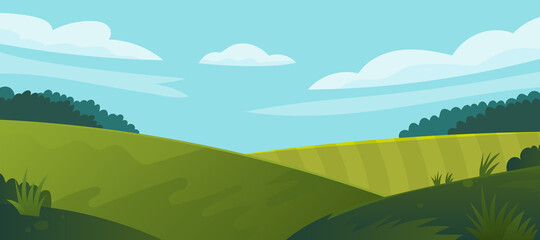 Fototapeta na wymiar Vector illustration of beautiful fields landscape with a dawn, green hills, bright color blue sky, background in flat cartoon style.