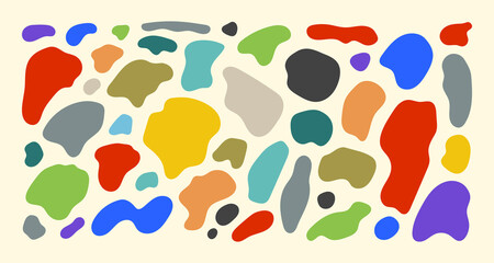 Organic shapes. Color various blotch, abstract irregular random blobs. Pebble stone silhouette, simple liquid amorphous splodge, colorful simple water forms, creative minimal pastel pattern vector set