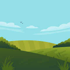 Vector illustration of beautiful fields landscape with a dawn, green hills, bright color blue sky, background in flat cartoon style