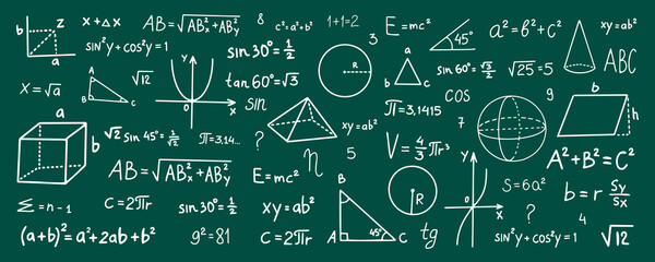 Hand drawn math symbols. Math symbols on green background. sketch math symbols