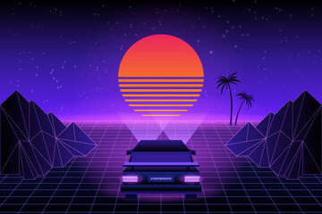 80s Retro Sci-Fi Background. Vector retro futuristic synth retro wave illustration in 1980s posters style. Suitable for any print design in 80s style.