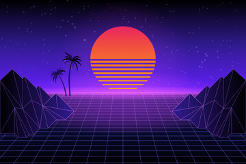 Retro futuristic landscape with palm trees. Neon sunset in the style of 80s. Synthwave retro background. Retrowave. Vector illustration
