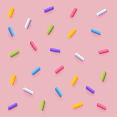Seamless pattern of pink donut glaze with many decorative sprinkles. Vector background made with gradient meshes. Background design for banner, poster, flyer, card, postcard, cover, brochure
