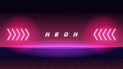 Obraz premium Futuristic Sci-Fi Arrow Shaped Neon Tube Vibrant Purple And Pink Glowing Lights On 3d Tilted space with reflection in Empty Space Vector illustration