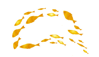 Silhouettes of groups of  fishes on white. Watercolor