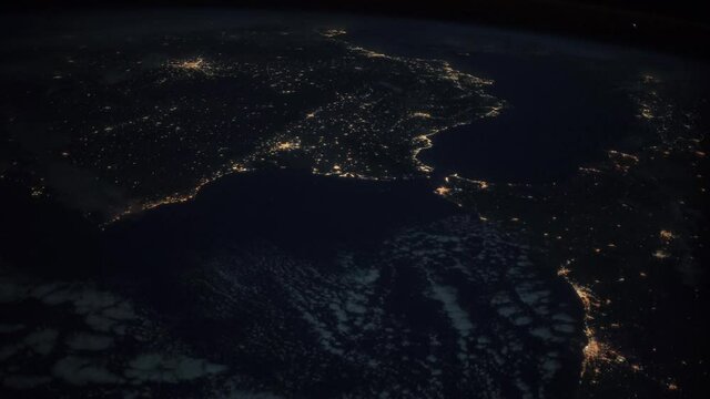 Strait of Gibraltar.
The International Space Station.
Source material was provided by NASA.
Color correction was done, noise was removed and slowed down.
