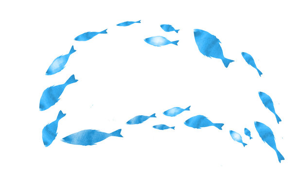 Silhouettes of groups of  fishes on white. Watercolor