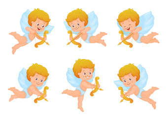 Cute angels set vector illustrations. Cheerful funny baby cupids with bow and arrow. Collection funny characters with angelic wings isolated on white background.