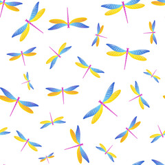 Dragonfly charming seamless pattern. Spring clothes fabric print with darning-needle insects.