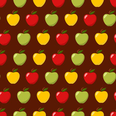 Fototapeta na wymiar Seamless pattern with colorful apples on brown background. Autumn pattern. Flat vector illustration.