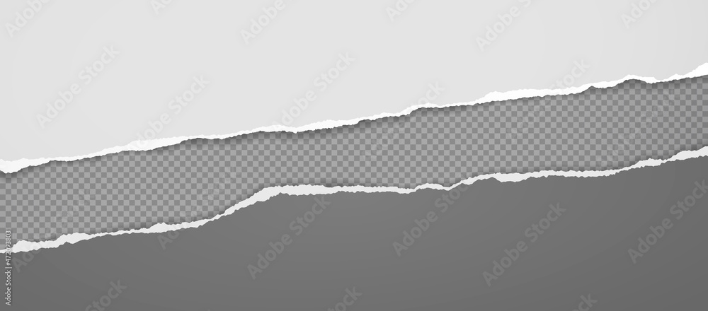 Poster torn, ripped white and dark grey paper strips with soft shadow are on squared background for text. v