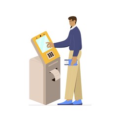Passenger at self check-in kiosk at the airport, flight registration, getting boarding pass. Vector illustration.