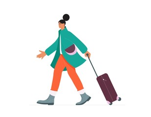 Young woman with luggage or suitcase. Travel concept vector illustration, side view