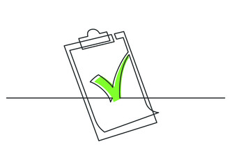 Continuous line drawing of clipboard with mark sign. Vector illustration