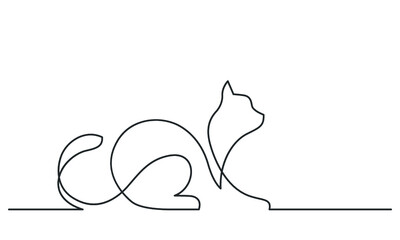 Continuous one line drawing of cat. Cat sitting with curled tail. Vector illustration