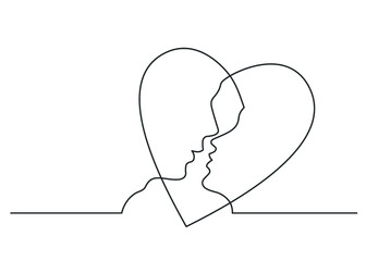 Continuous line drawing of silouette man and woman heads  in heart on white background. Man and woman couple in love. Vector illustration.