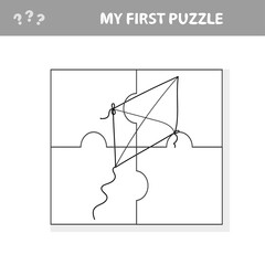 Kite in cartoon style, education game for the development of preschool children. My first puzzle and coloring page