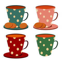 
Four cozy spotty teacups with cookies isolated on white background. Dessert and utensils vector illustration.
