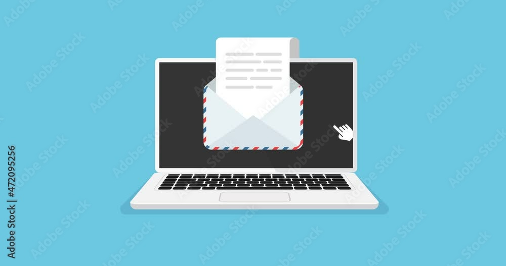 Aufkleber laptop with open envelope and document on screen. animation of getting or send new letter. e-mail co