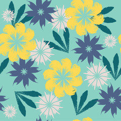 Hand-drawn seamless pattern with floral print. Abstract multi-colored daisies on emerald background. Vector pattern for printing on fabric, gift wrapping, covers, wallpapers.