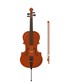 Classical wooden cello with bow isolated on white background. Stringed musical instrument icon. Vector illustration in flat or cartoon style.