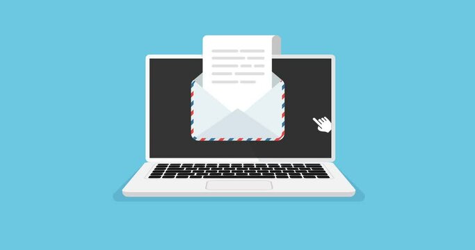 Laptop with open envelope and document on screen. Animation of getting or send new letter. E-mail concept in trendy flat style. Vector illustration.	