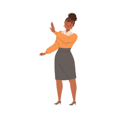 Cheerful businesswoman standing and gesturing vector illustration on white background