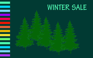 Naklejka na ściany i meble Green Christmas trees, bright stripes - horizontal banner - vector. Christmas Sale. Winter sale.
