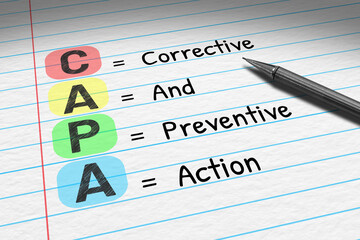 CAPA - Corrective and Preventive Action. Business acronym on note pad.