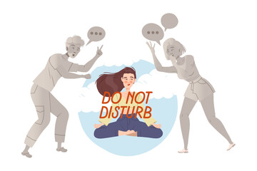 Girl in meditation pose sitting inside transparent glass bubble and people reaching for her. Avoiding of conflict, social isolation, personal space cartoon vector illustration