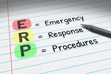 ERP - Emergency Response Procedure. Business acronym on note pad.