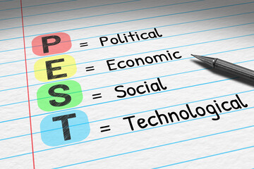 PEST - Political Economic Social Technological. Business acronym on note pad.