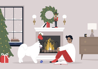 Christmas eve, a male caucasian character reading a book on a floor next to a fireplace, and a cute white dog playing with a ball