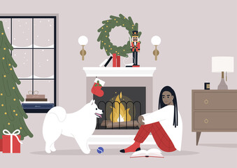 Christmas eve, a female African character reading a book on a floor next to a fireplace, and a cute white dog playing with a ball