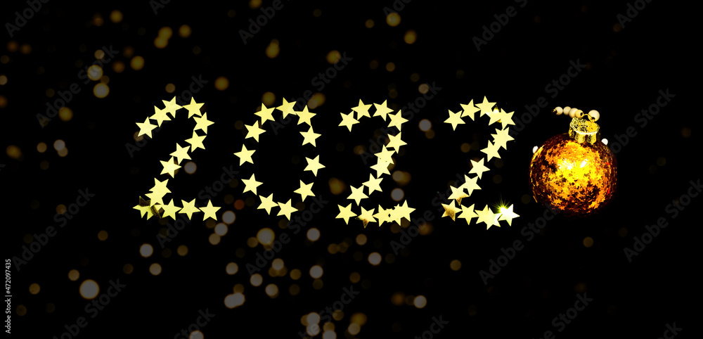 Poster festive dark background with gold sparkles and digits of 2022 . new year 2022 concept. creative copy
