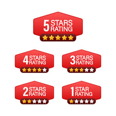 5 star rating. Badge with icons on white background. Vector stock illustration.