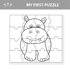 Cartoon vector illustration of education jigsaw puzzle game for preschool children with funny hippo. My first puzzle and coloring page
