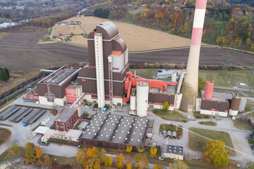 Aerial view of a combined heat and power station fueled by gas and coal in Werndorf near Graz,...