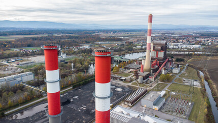 Aerial view of a combined heat and power station fueled by gas and coal in Werndorf near Graz,...
