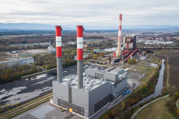 Aerial view of a combined heat and power station fueled by gas and coal in Werndorf near Graz, Austria - obrazy, fototapety, plakaty