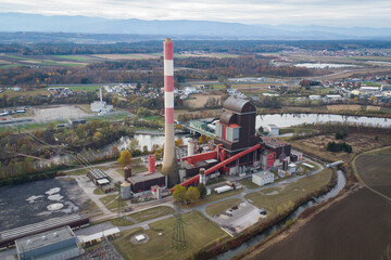 Aerial view of a combined heat and power station fueled by gas and coal in Werndorf near Graz, Austria