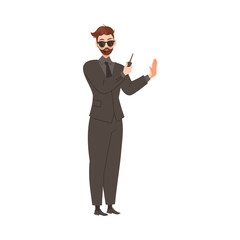 Bearded Brutal Man as Security Guard in Black Suit Standing at Nightclub Face Control Vector Illustration