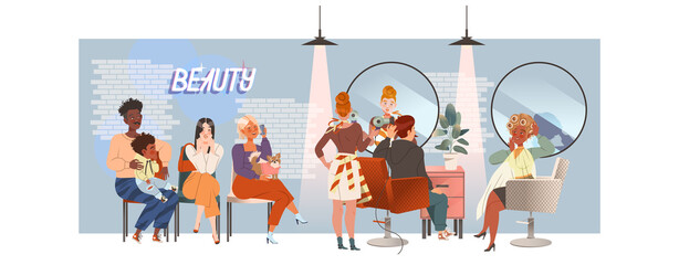 Fototapeta premium People Character Waiting in Queue or in Line for Beauty Salon Sitting on Chair Vector Illustration