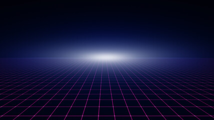 Retro 1980s style background with bright white glow and pink grid with diminishing perspective. Copy space. 4k resolution.