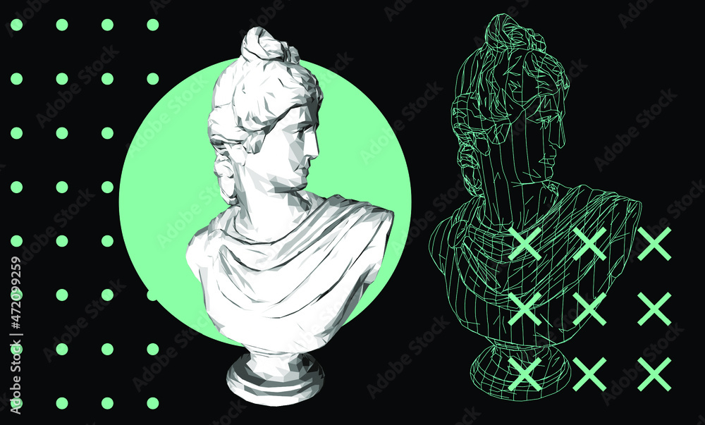 Poster retrofuturistic vaporwave style 3d illustration of a low poly apollo belvedere bust. sci-fi retro ae