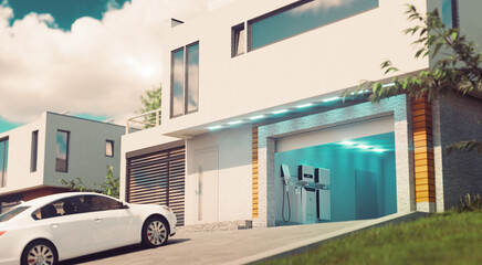 A concept for a home battery system for solar energy storage and powering electric vehicles. A modern house with an open garage and a car in the afternoon light. 3d rendering.