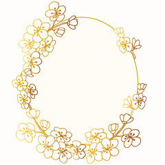 Floral oval Golden Frame. Delicate Invitation design with Sakura.  Vintage Template. Vector illustration.
